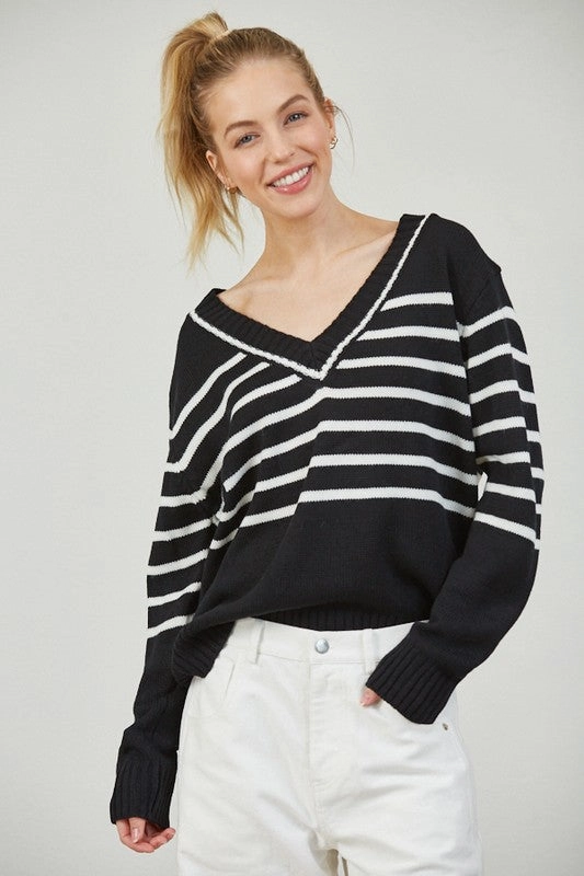 ISLA STRIPE V NECK SWEATER Breathable Mesh Insert FoldableFeature