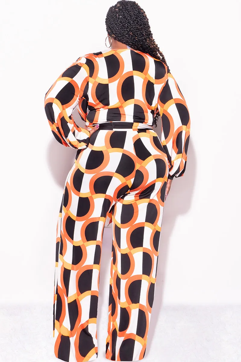FlameRetardantTreatment Final Sale Plus Deep V Size Long Sleeve Jumpsuit with Tie in Orange & Ivory Design Print