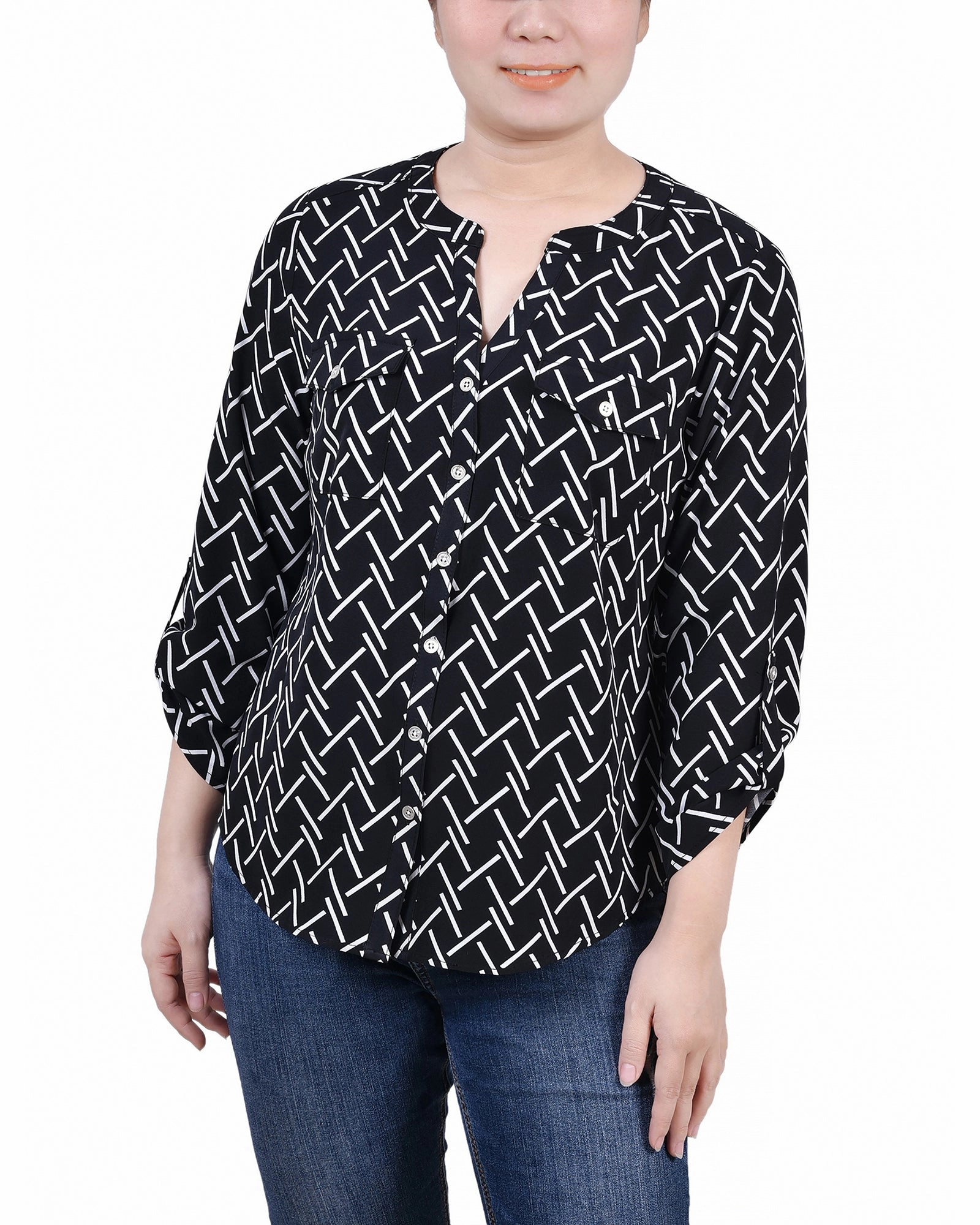 3/4 Roll Tab Sleeve Mandarin Collar Blouse FlexibleMobility Sustainable Manufacturing