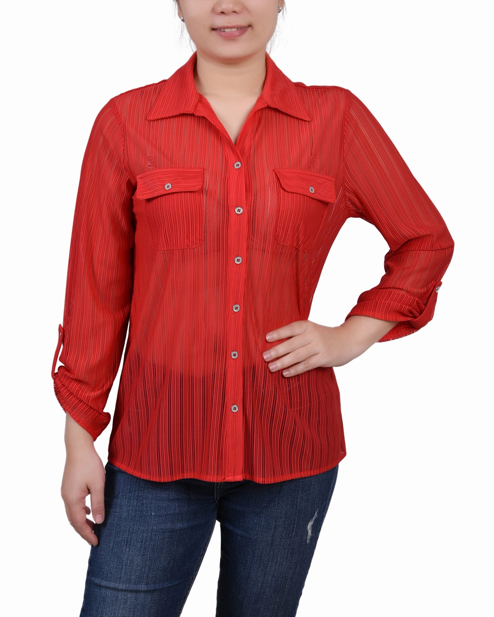 Petite Long Roll Tab Sleeve Burnout Knit Top Roll Up Sleeve Design Multipurpose Design