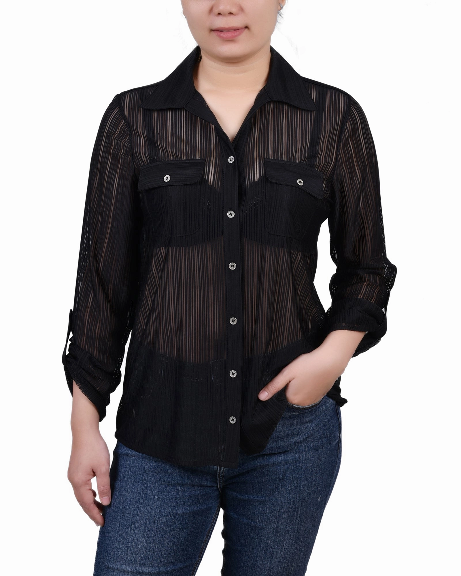 FlexibleWaistband ZeroWasteProduction Petite Long Roll Tab Sleeve Burnout Knit Top