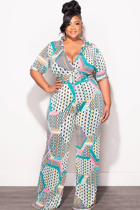Timeless Utility luxe feel Final Sale Plus Size Collar Faux Wrap Jumpsuit with Belt in Light Turquoise & Pink Polka Dot Multi Color Print