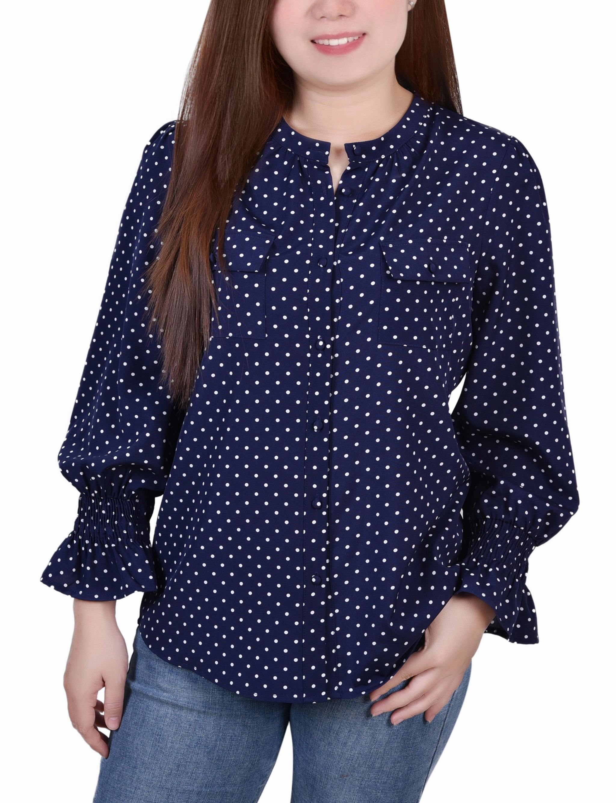 MeshVentilation Casual Fit Petite Long Sleeve Y Neck Blouse