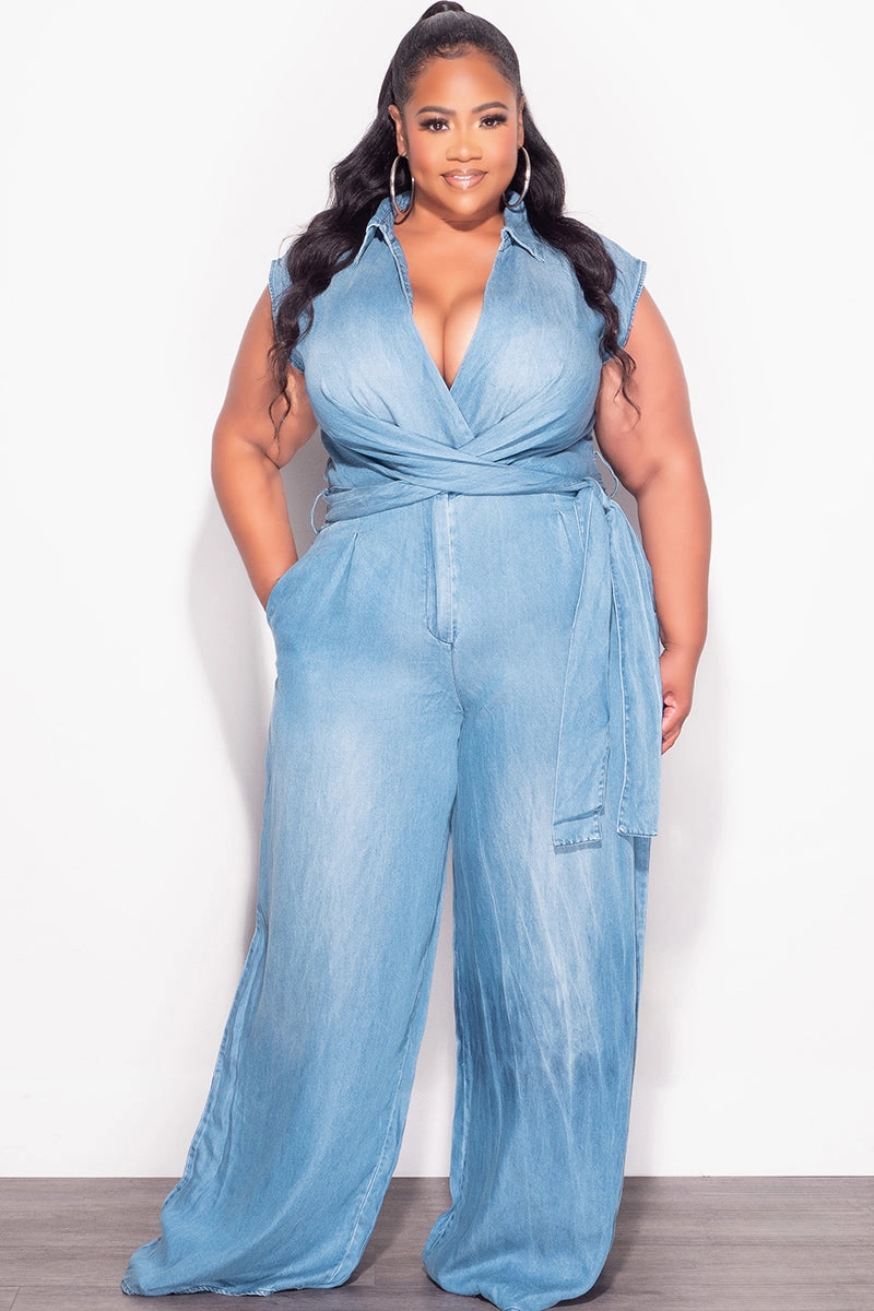 Timeless Comfort Fit Final Sale Plus Size Collar Faux Wrap Jumpsuit in Denim