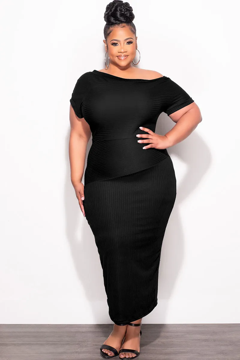 Non Tapered Leg Final Sale Plus Size Off The Shoulder Ribbed Midi Dress in Black