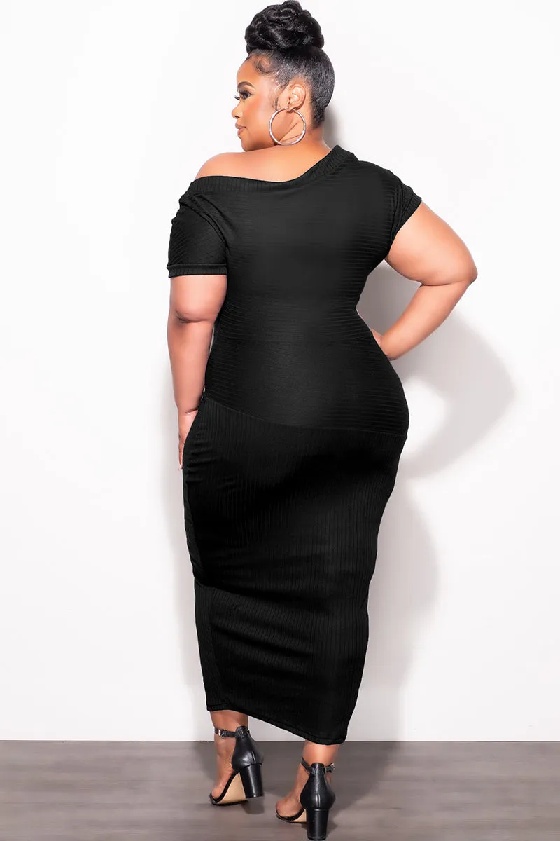 Final Sale Plus Size Off The Shoulder Ribbed Midi Dress in Black Performance Support Casual Performance Fit