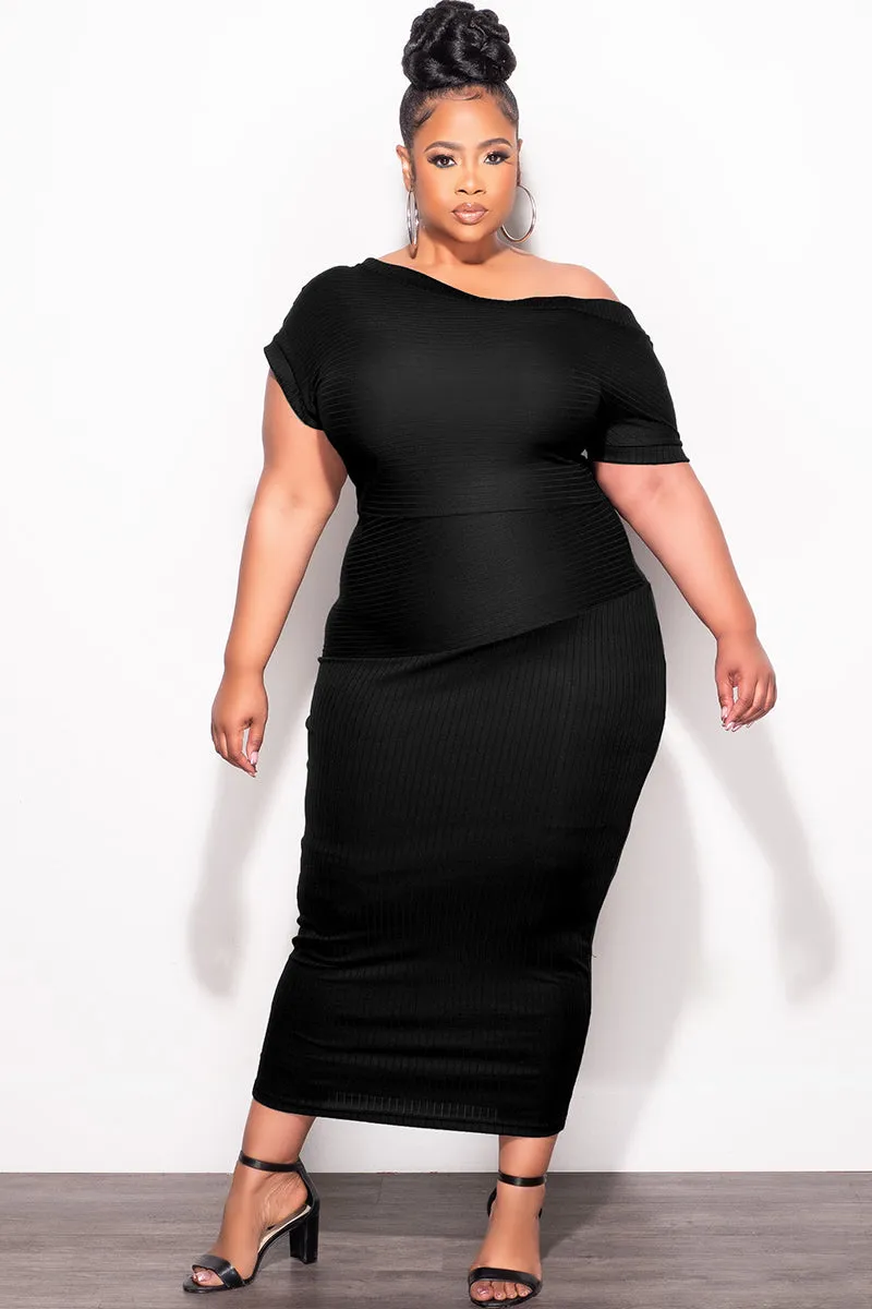 Final Sale Plus Size Off The Shoulder Ribbed Midi Dress in Black Odor Control Technology Minimal Bulk
