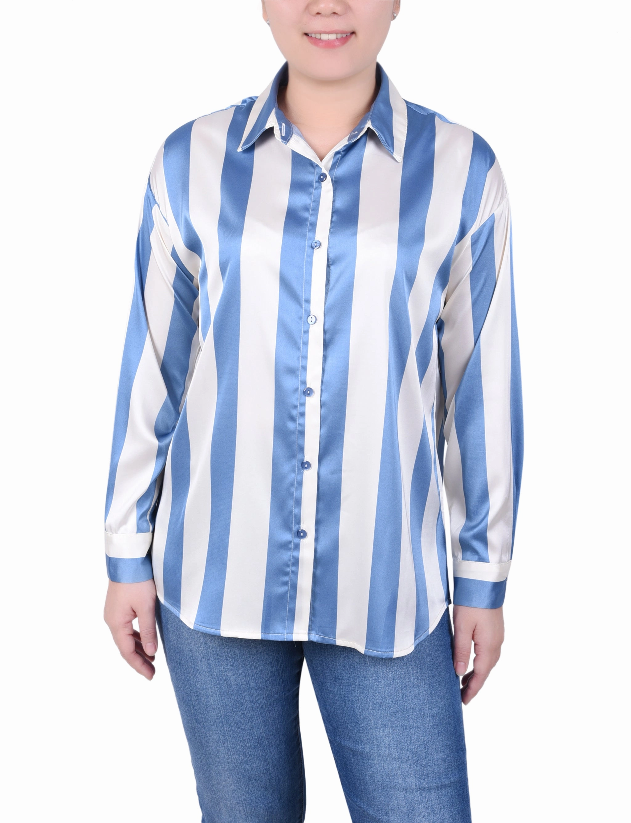Eco Friendly Dye Long Sleeve Striped Satin Blouse