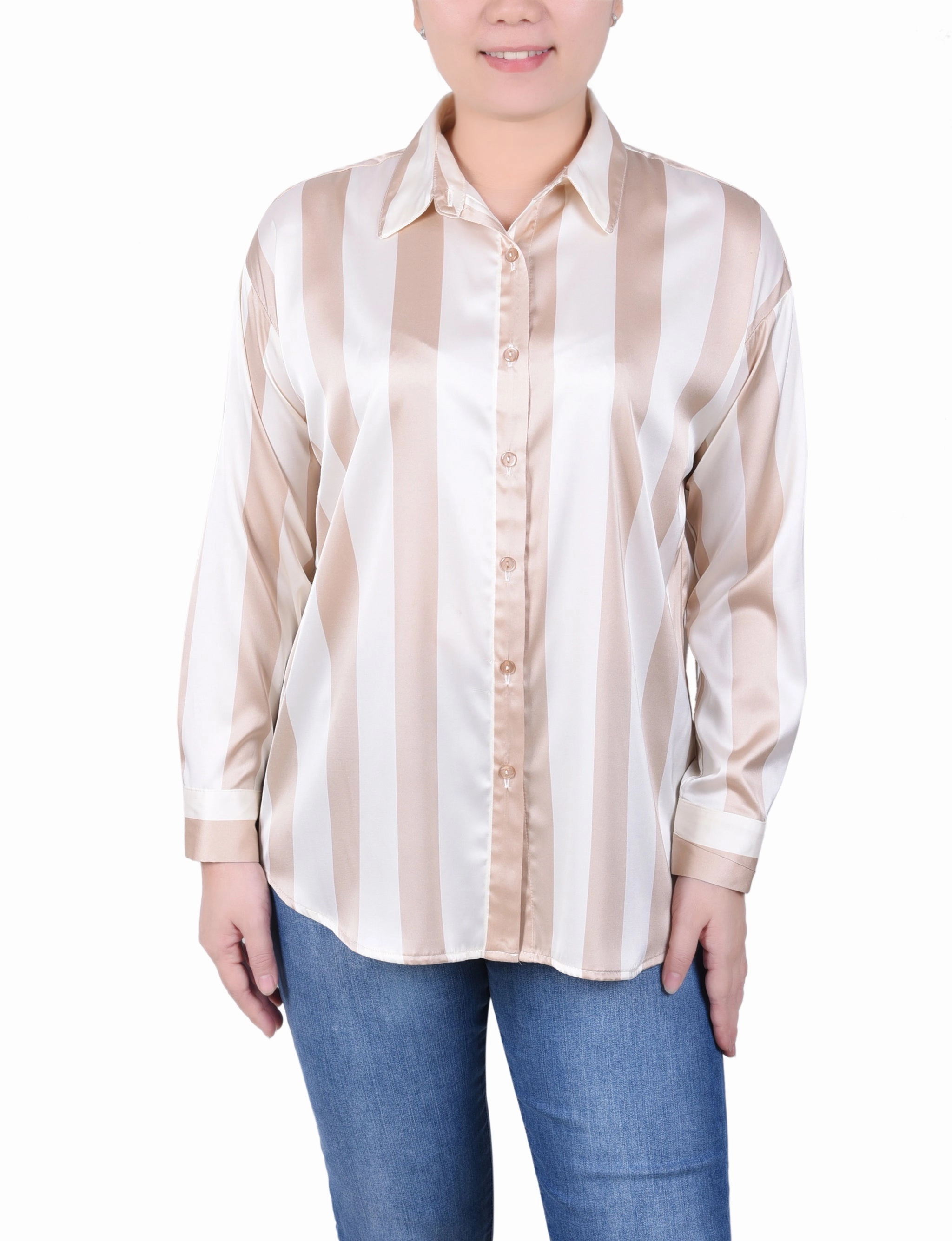 Foldable Cuff Design FourWayStretch Long Sleeve Striped Satin Blouse