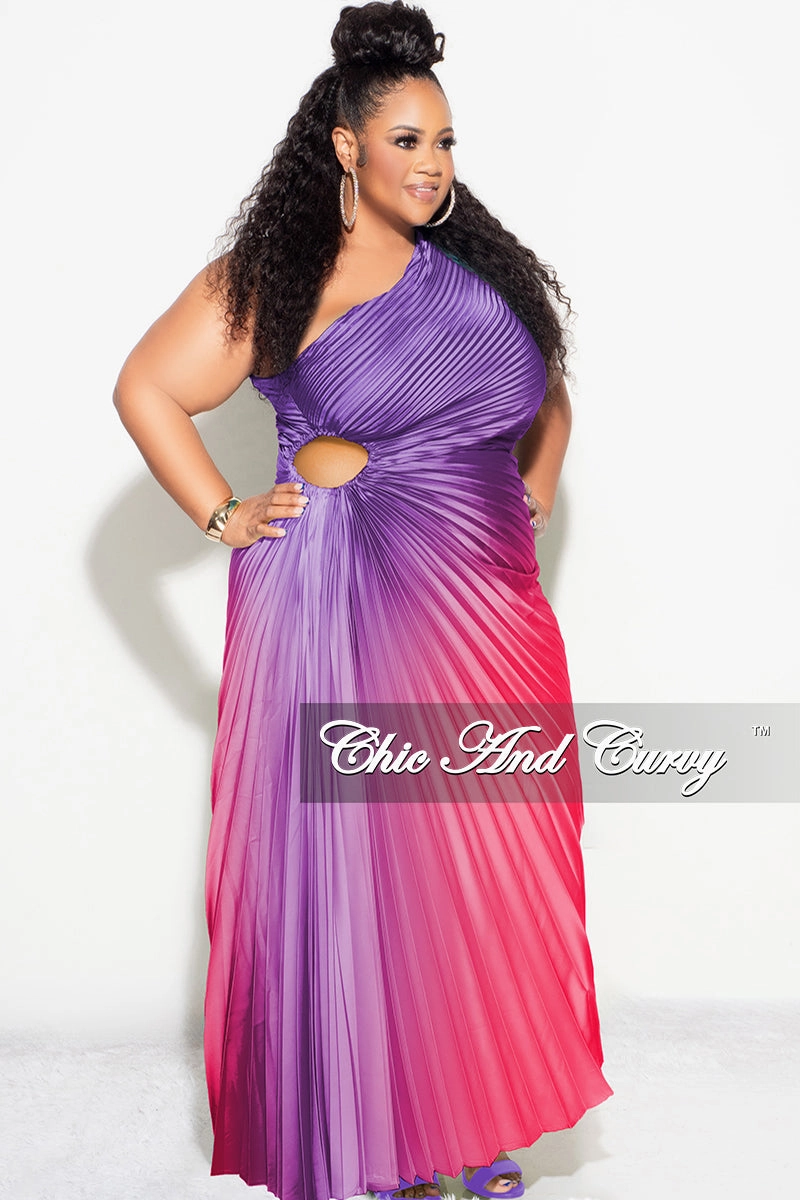 Final Sale Plus Size Satin One Shoulder Asymmetric Pleated Dress with Cut Out in Purple and Fuchsia Layered Shoulder