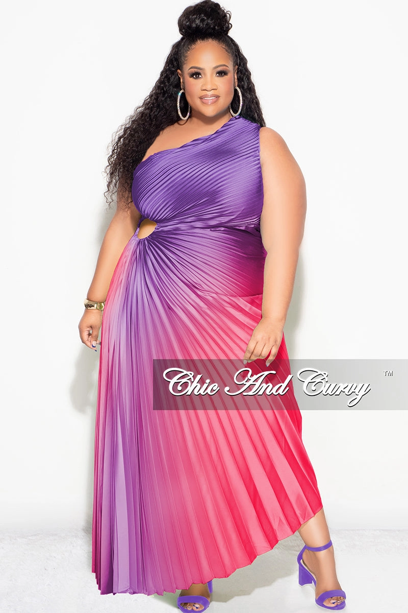 Final Sale Plus Size Satin One Shoulder Asymmetric Pleated Dress with Cut Out in Purple and Fuchsia Tagless Collar V-neck Shirt