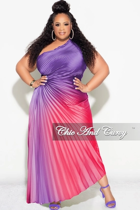 Final Sale Plus Size Satin One Shoulder Asymmetric Pleated Dress with Cut Out in Purple and Fuchsia Reinforced Hem Stitching