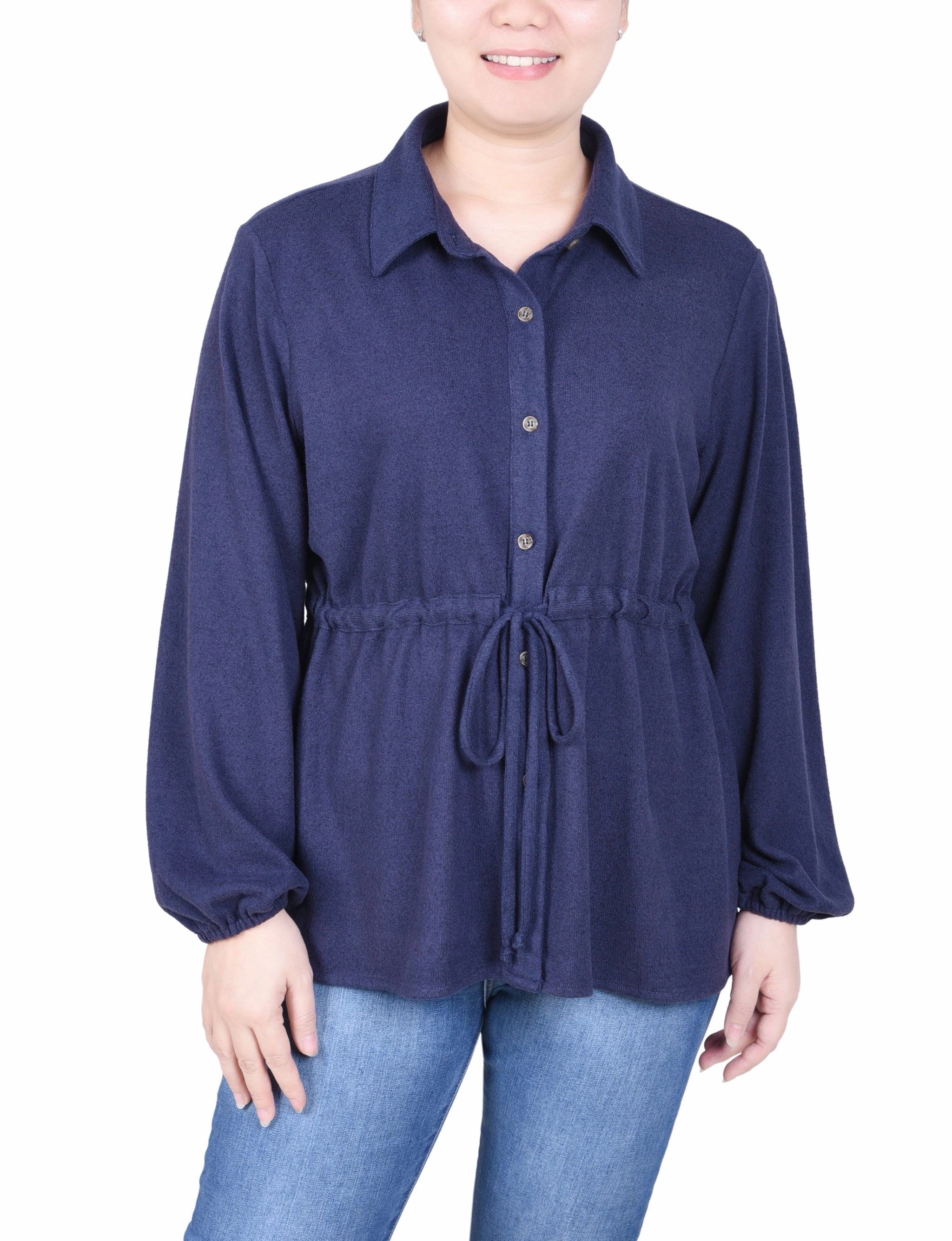 Petite Long Dolman Sleeve Drawstring-Waist Tunic Top Tagless Neckline