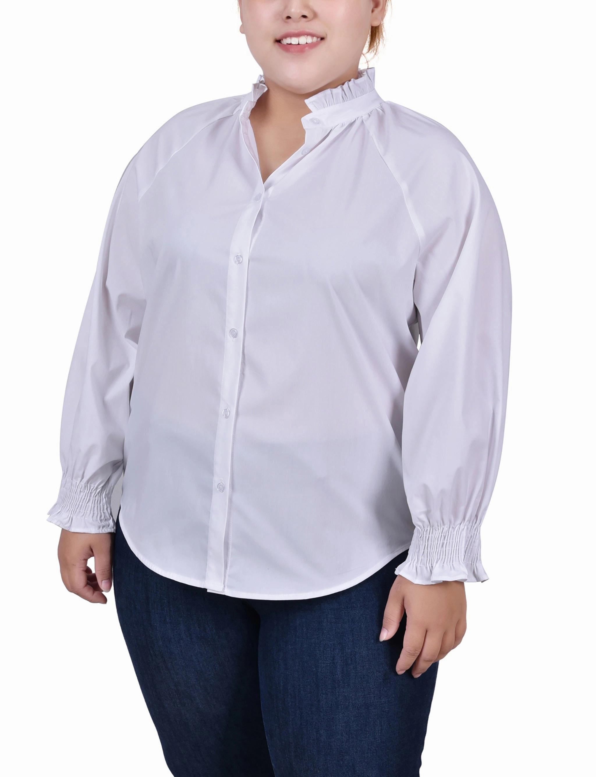 Plus Size Long Sleeve Button Front Blouse FlexibleCollarStructure