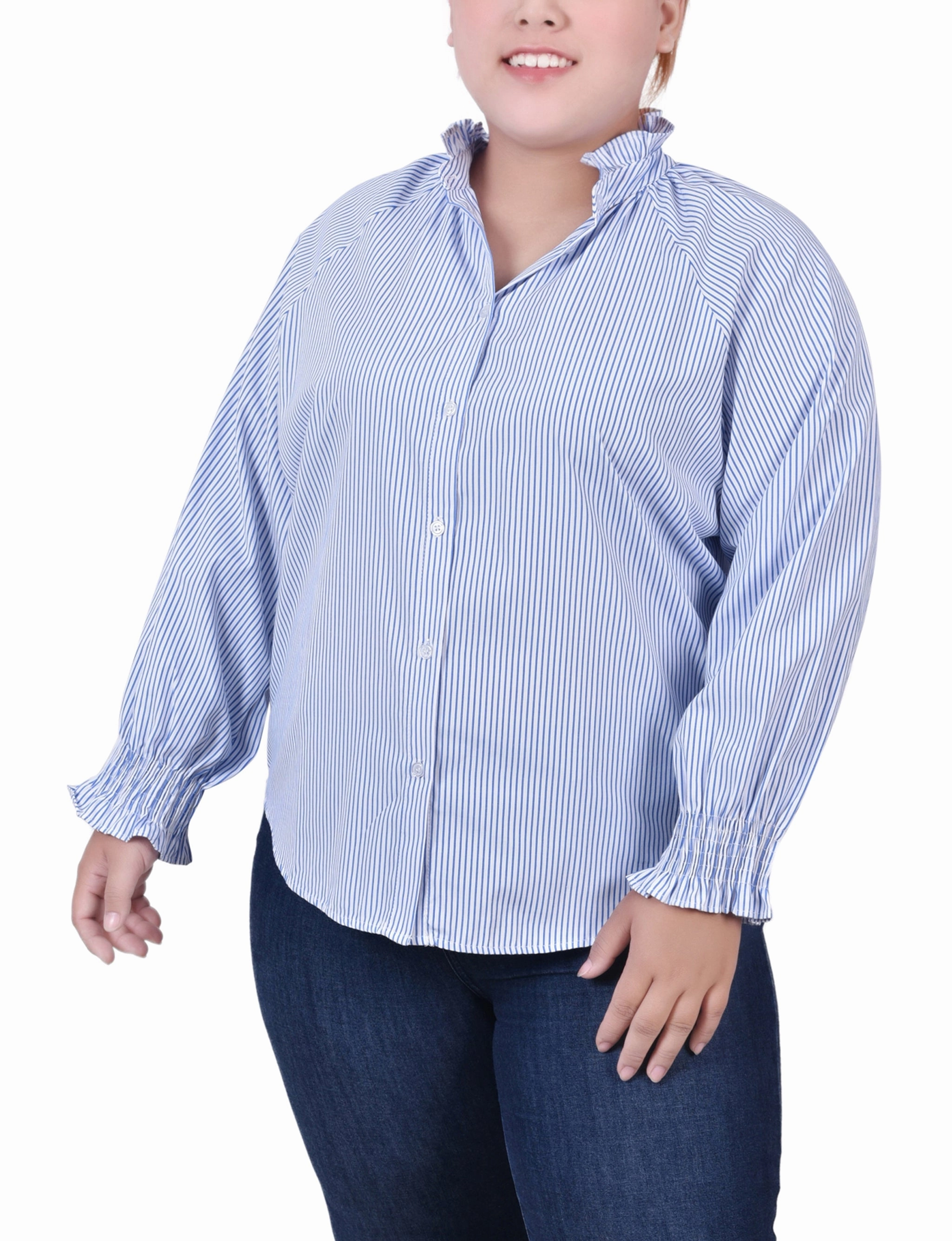 Plus Size Long Sleeve Button Front Blouse Button Down Collar Style