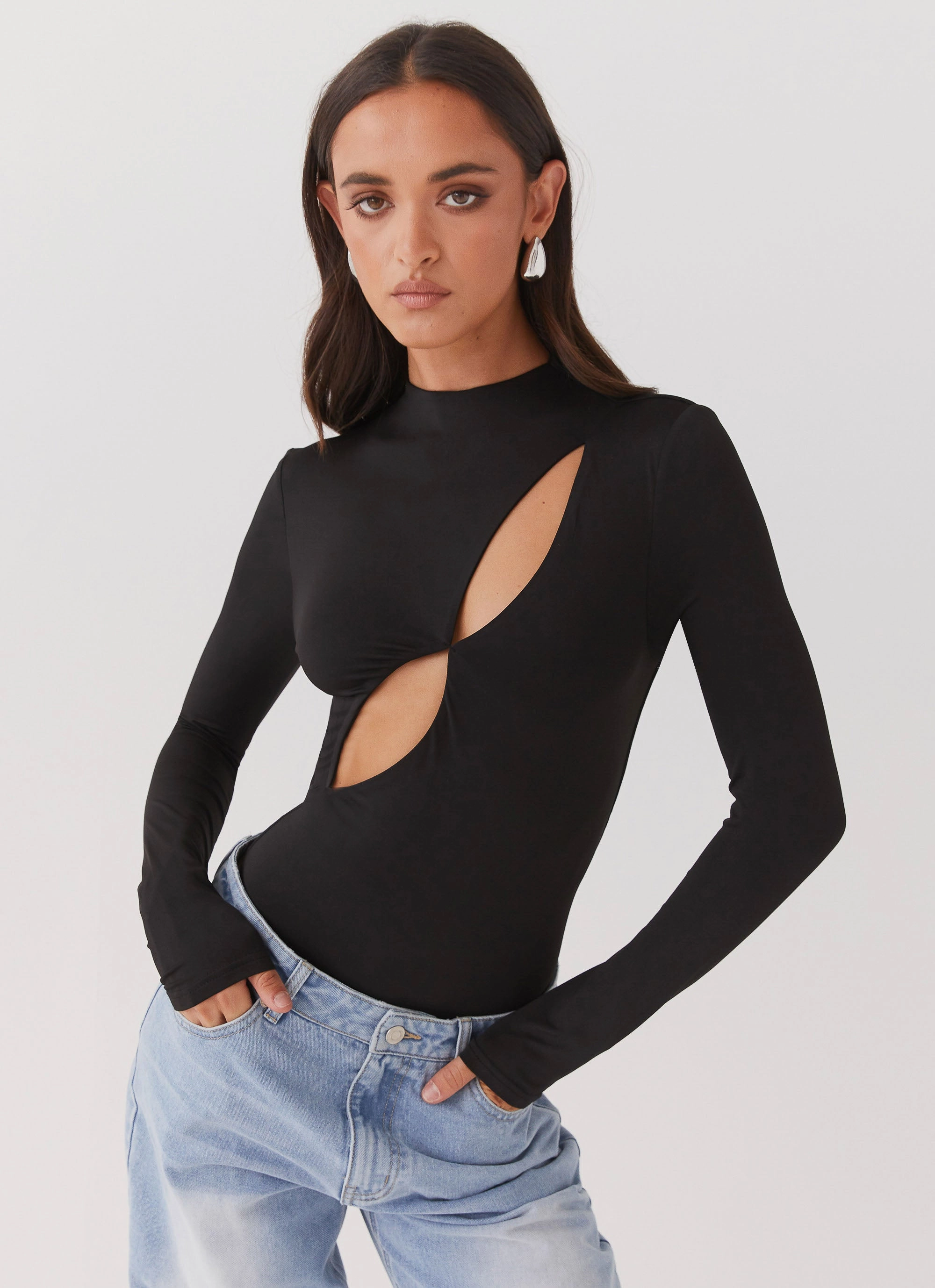 Special Affair Long Sleeve Bodysuit - Black Minimalist Silhouette Cut Laser Cut Edges