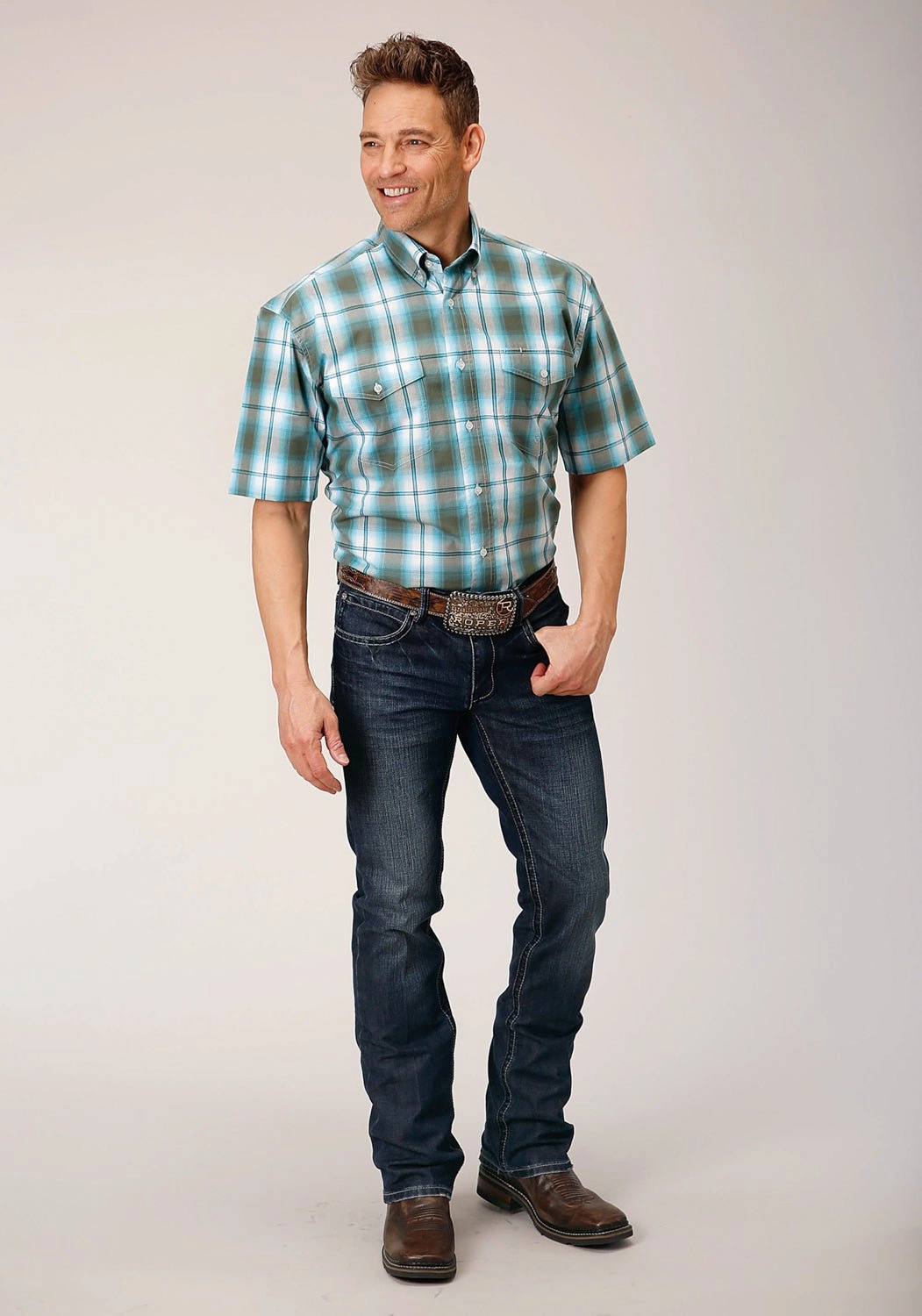 gender-neutral Roper Mens 1555 Meadow Plaid Green 100% Cotton Btn S/S Shirt