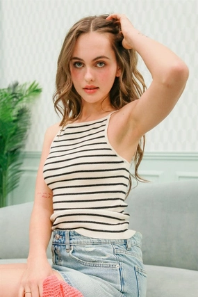 Aria Striped Knit Halter Neck Cami Top Anti Static Treatment Modern Silhouette