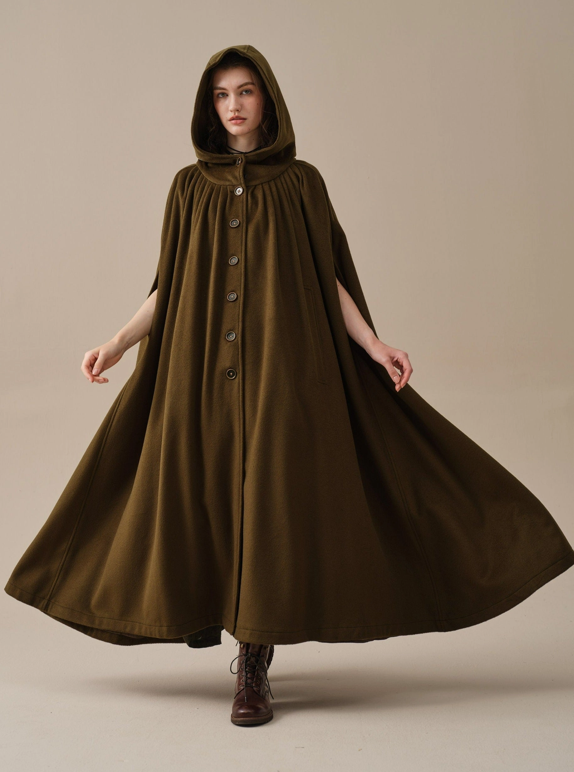 Garment Washed ARIEL 14 | HOODED WOOL CLOAK COAT
