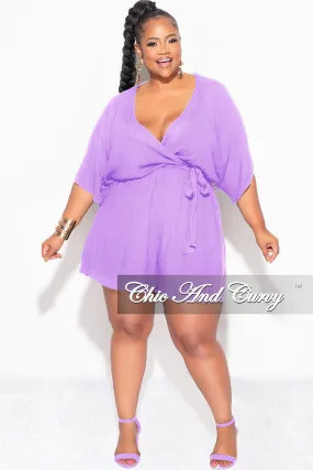 Final Sale Plus Size Faux Wrap Romper with Tie in Lavender Neutral Style