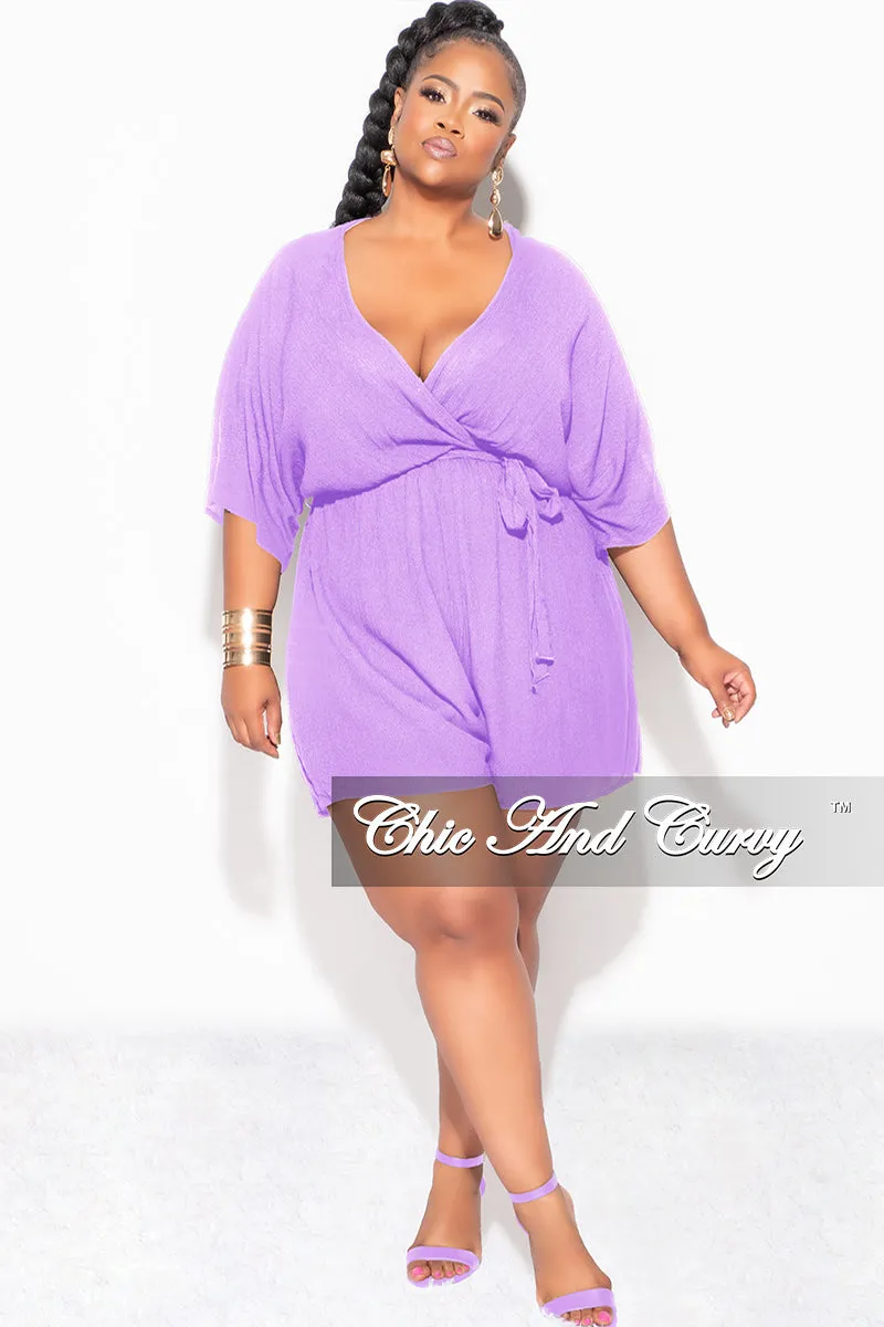 Final Sale Plus Size Faux Wrap Romper with Tie in Lavender Water Repellent Coating City Ready