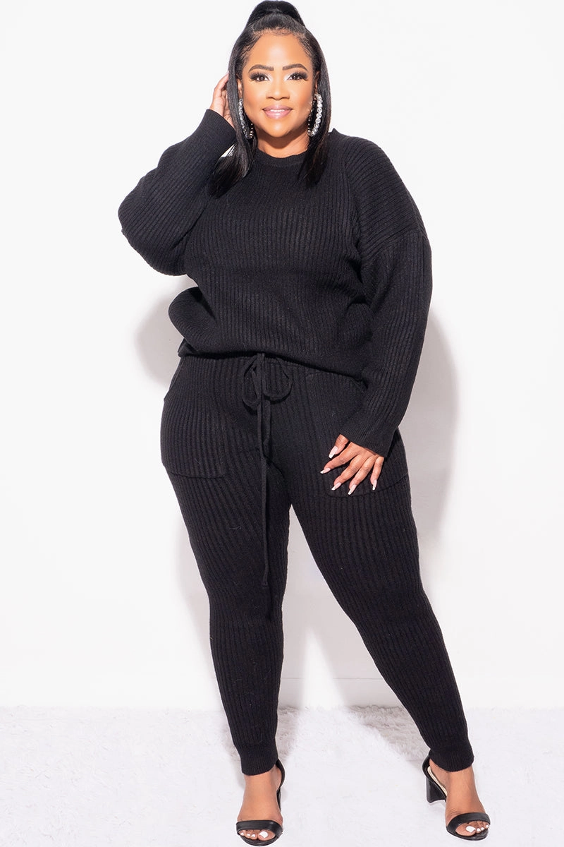 Final Sale Plus Size 2pc Warm & Cozy Sweater Knit Pants Set in Black All-day Flex Easy Fit Design