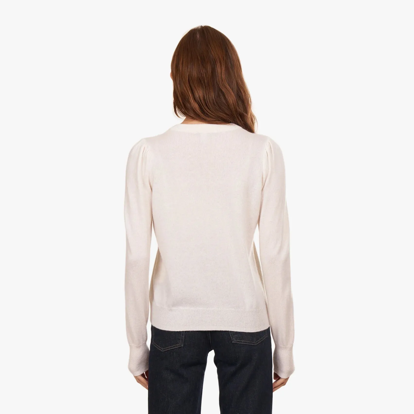 Autumn Cashmere Puff Sleeve Crew with Floral Embroidery Drop Shoulder Design Thermal Regulation Fabric