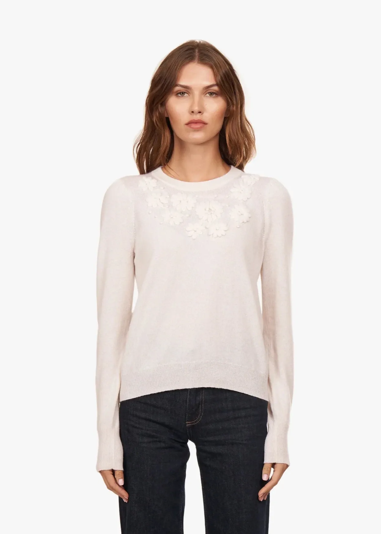 Double Layer Thermal Autumn Cashmere Puff Sleeve Crew with Floral Embroidery