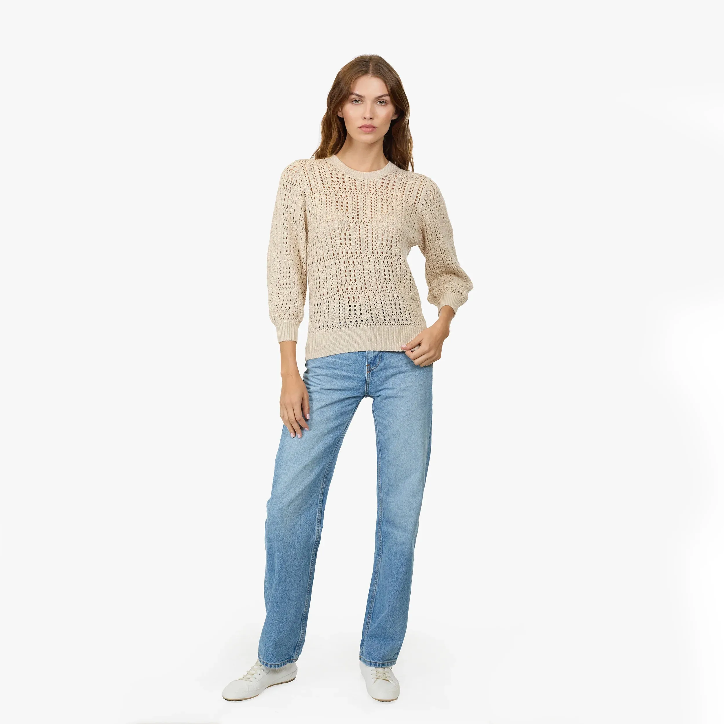 Autumn Cashmere Puff Sleeve Tile Stitch Sweater Modern Silhouette NoSlip Grip
