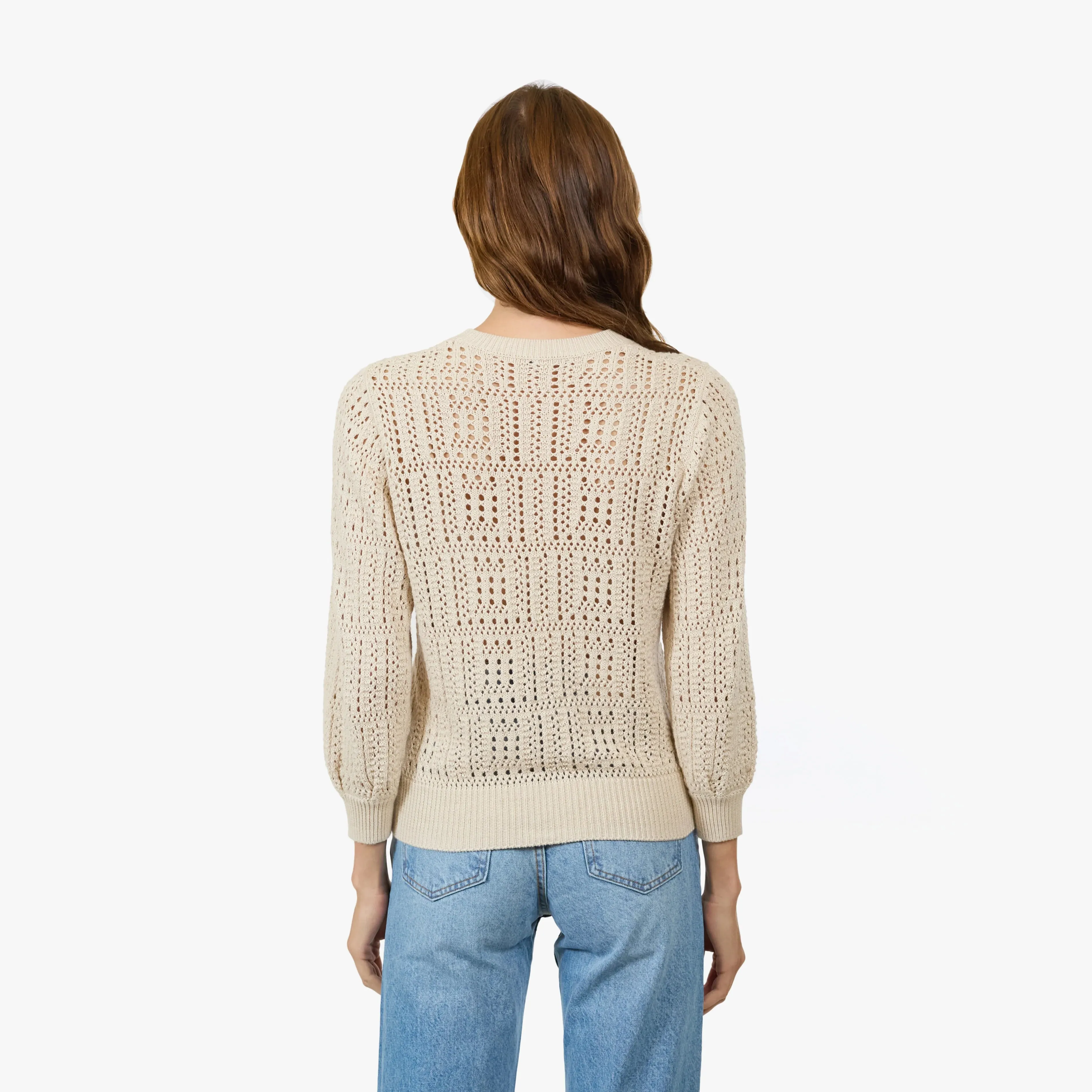 Autumn Cashmere Puff Sleeve Tile Stitch Sweater RibbedCollar