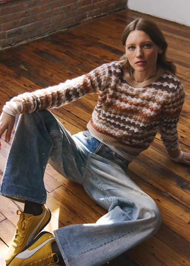 Seam Free Autumn Cashmere Multicolor Fancy Stitch Crewneck Sweater