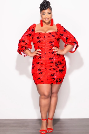 Final Sale Plus Size Frill Corset Mini Dress in Red Soft Lines