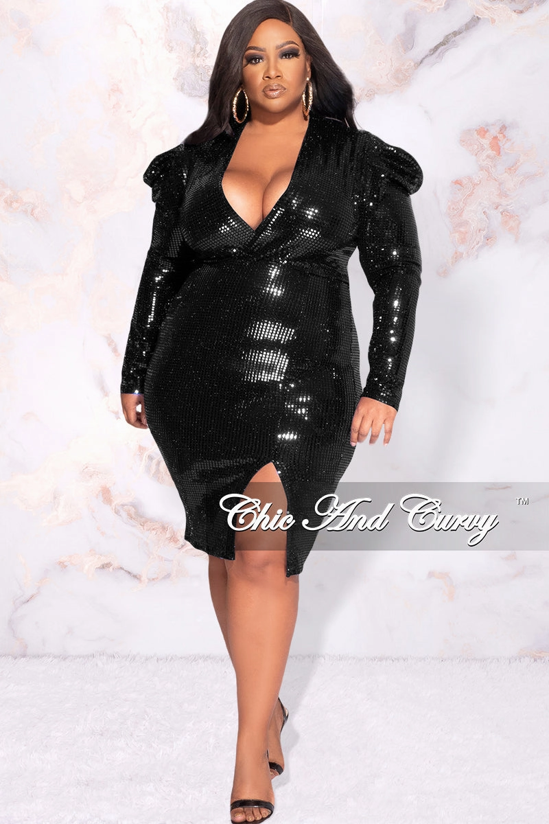 Available Online Only - Final Sale Plus Size Faux Sequin Faux Wrap Bodycon  Dress with Slide Slit in Black Pocket Detailing