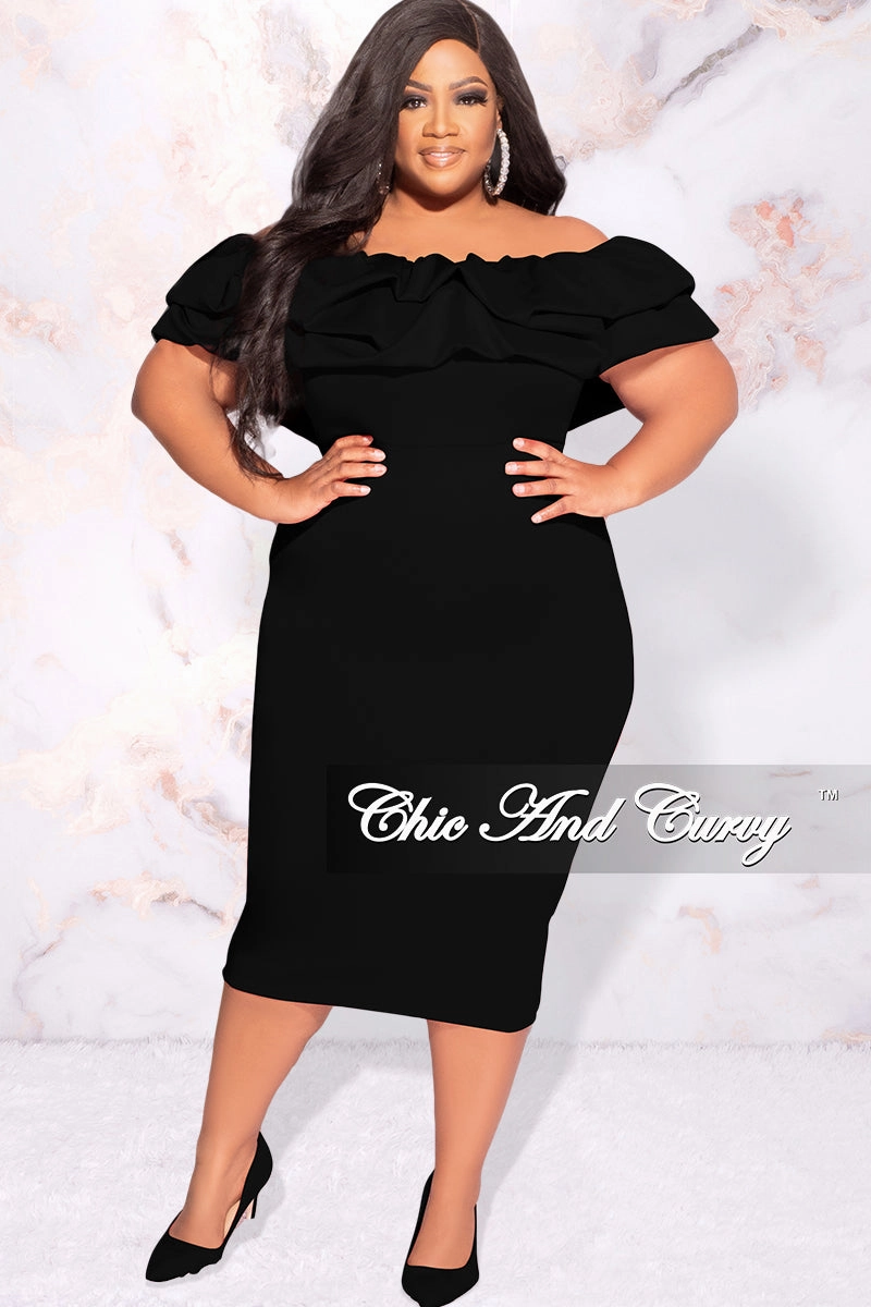 Available Online Only - Final Sale Plus Size Off the Shoulder Ruffle BodyCon Dress in Black Sporty Active Wear Weekend Fashion