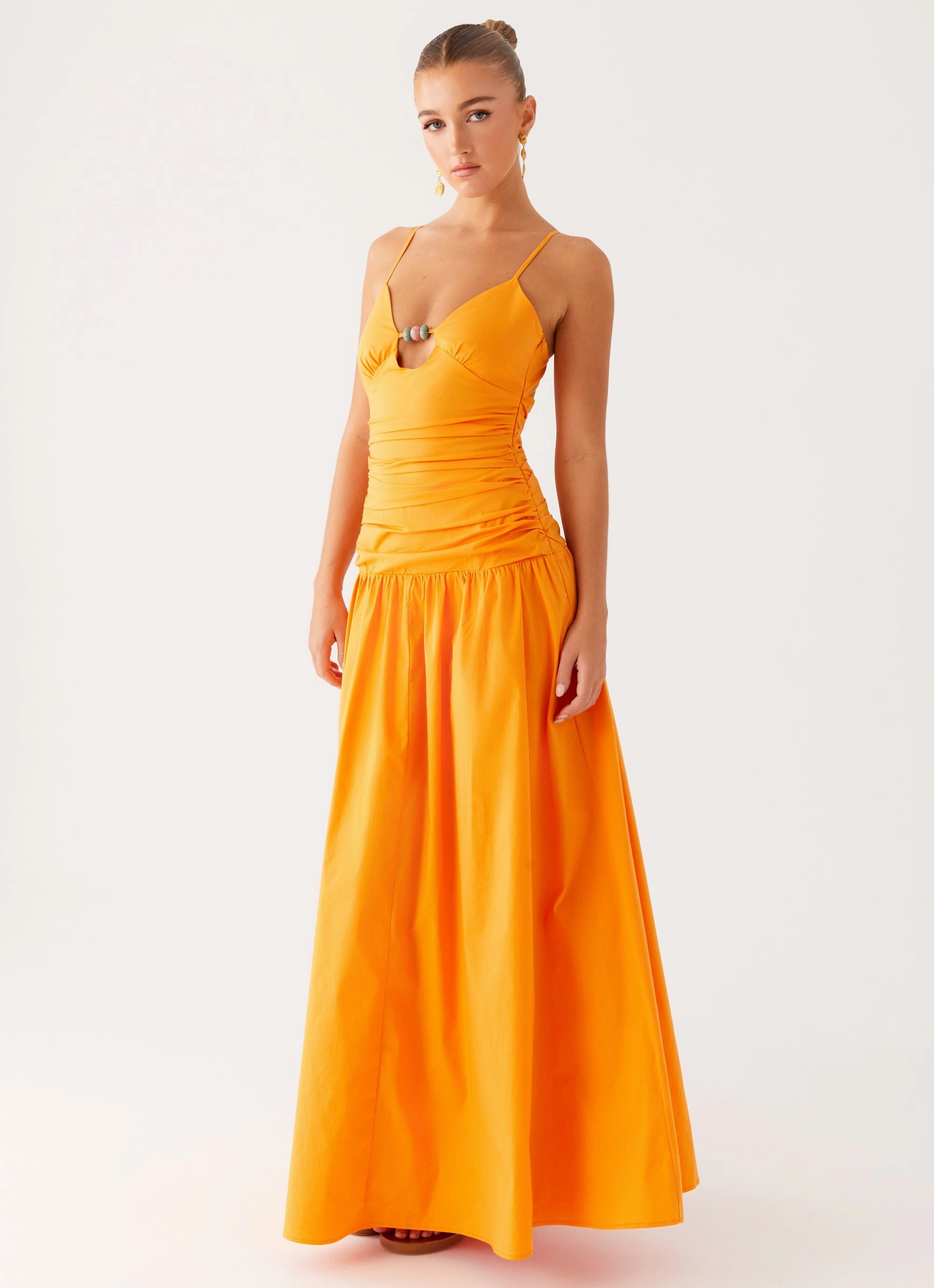 Avani Maxi Dress - Orange Drawstring-Closure Collared