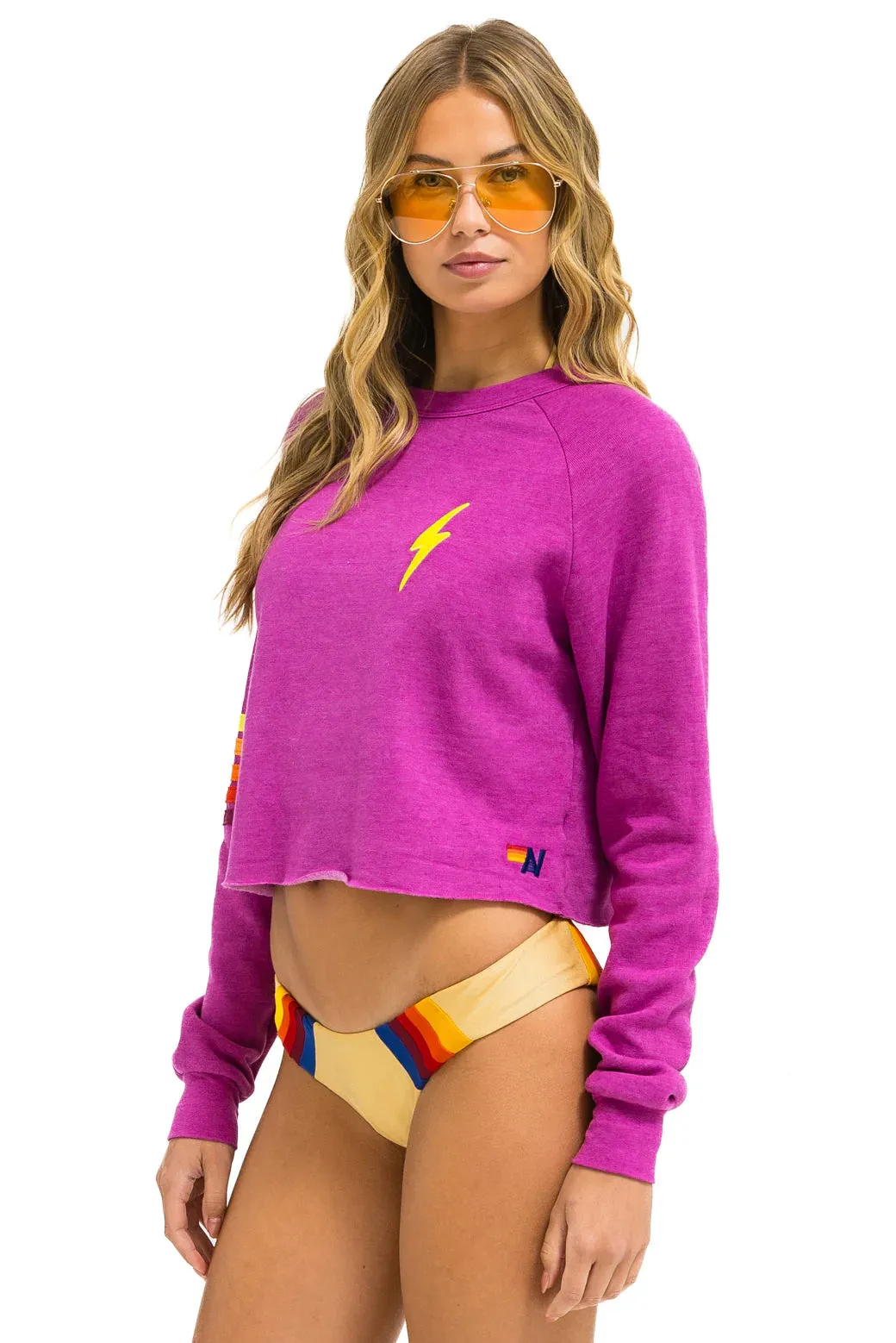 HighDensity Knit Aviator Nation Bolt Rugby Stitch Cropped Crew Sweatshirt - Magenta // Orange // Yellow