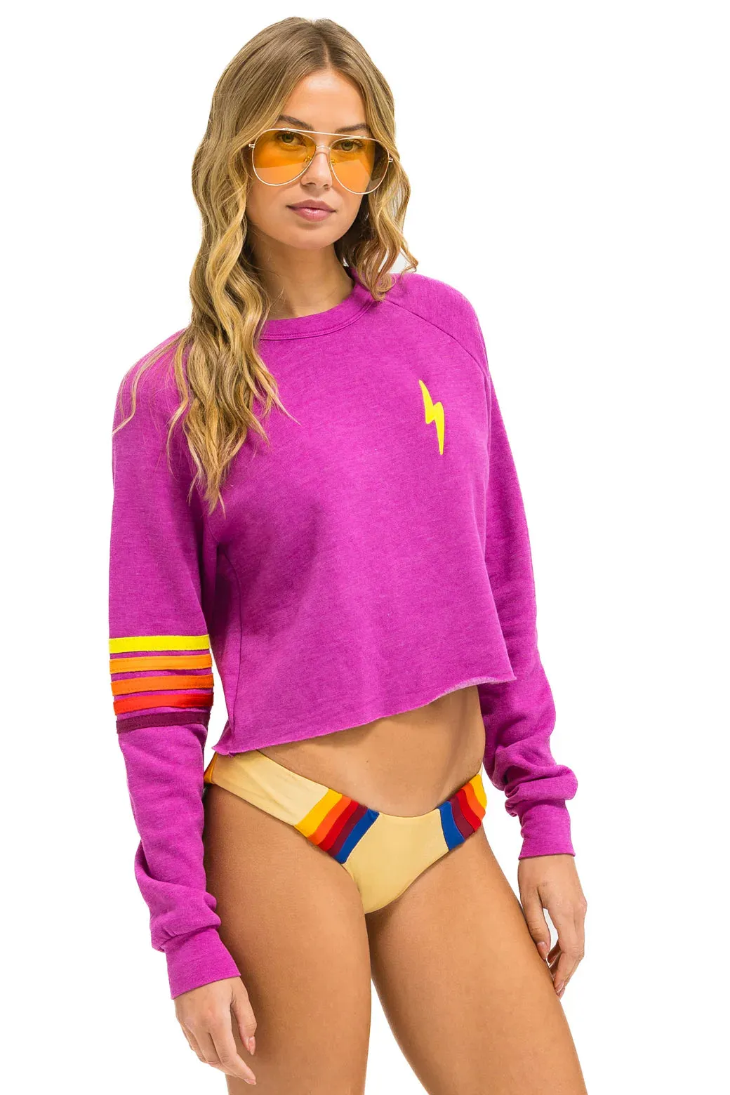 Aviator Nation Bolt Rugby Stitch Cropped Crew Sweatshirt - Magenta // Orange // Yellow BondedEdges AllDay Comfort Tech