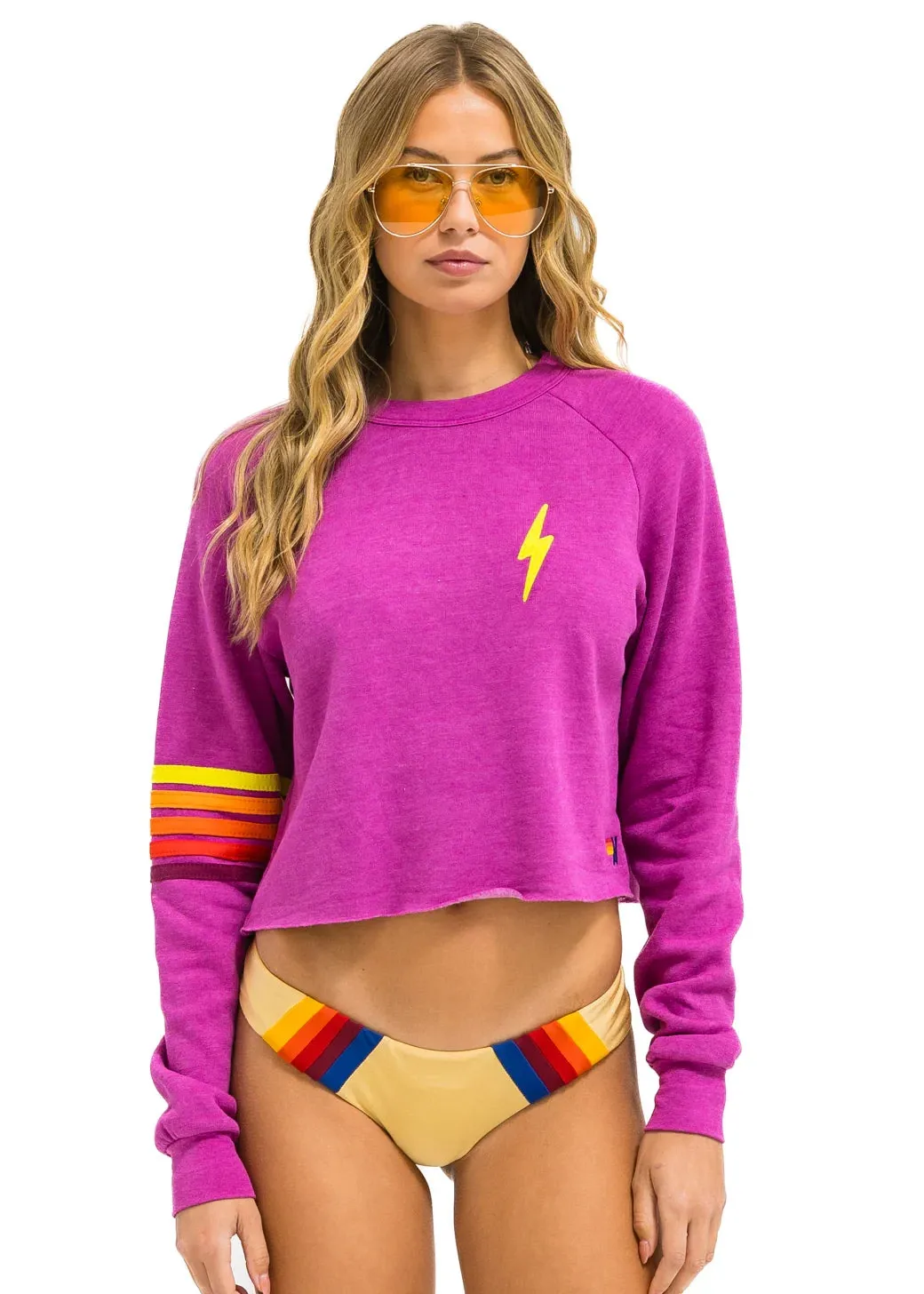 Textured Weave Design Aviator Nation Bolt Rugby Stitch Cropped Crew Sweatshirt - Magenta // Orange // Yellow