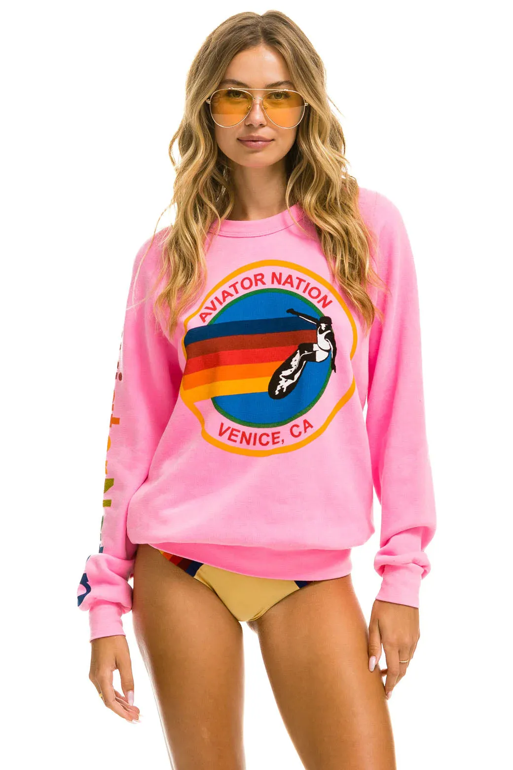 Aviator Nation CREW SWEATSHIRT - Neon Pink Textured Slub Yarn