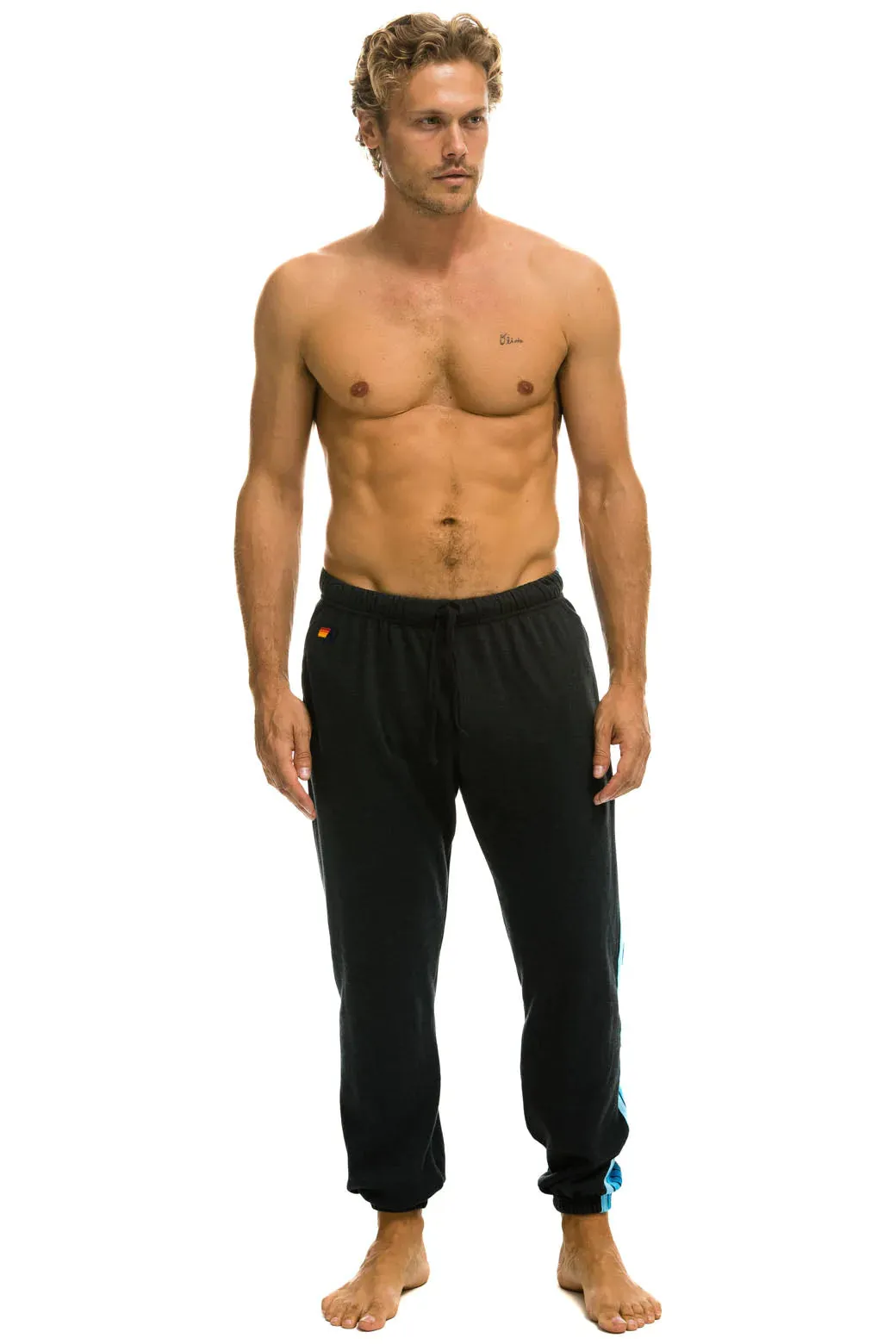 Aviator Nation Men's 5 Stripes Sweatpants -Charcoal/ Blue Chilly Day Ready EcoFriendlyBlend