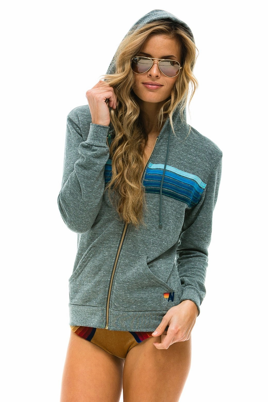 Aviator Nation 5 Stripe Hoodie- Heather Grey/Blue Three Layer Laminate Soft Layers