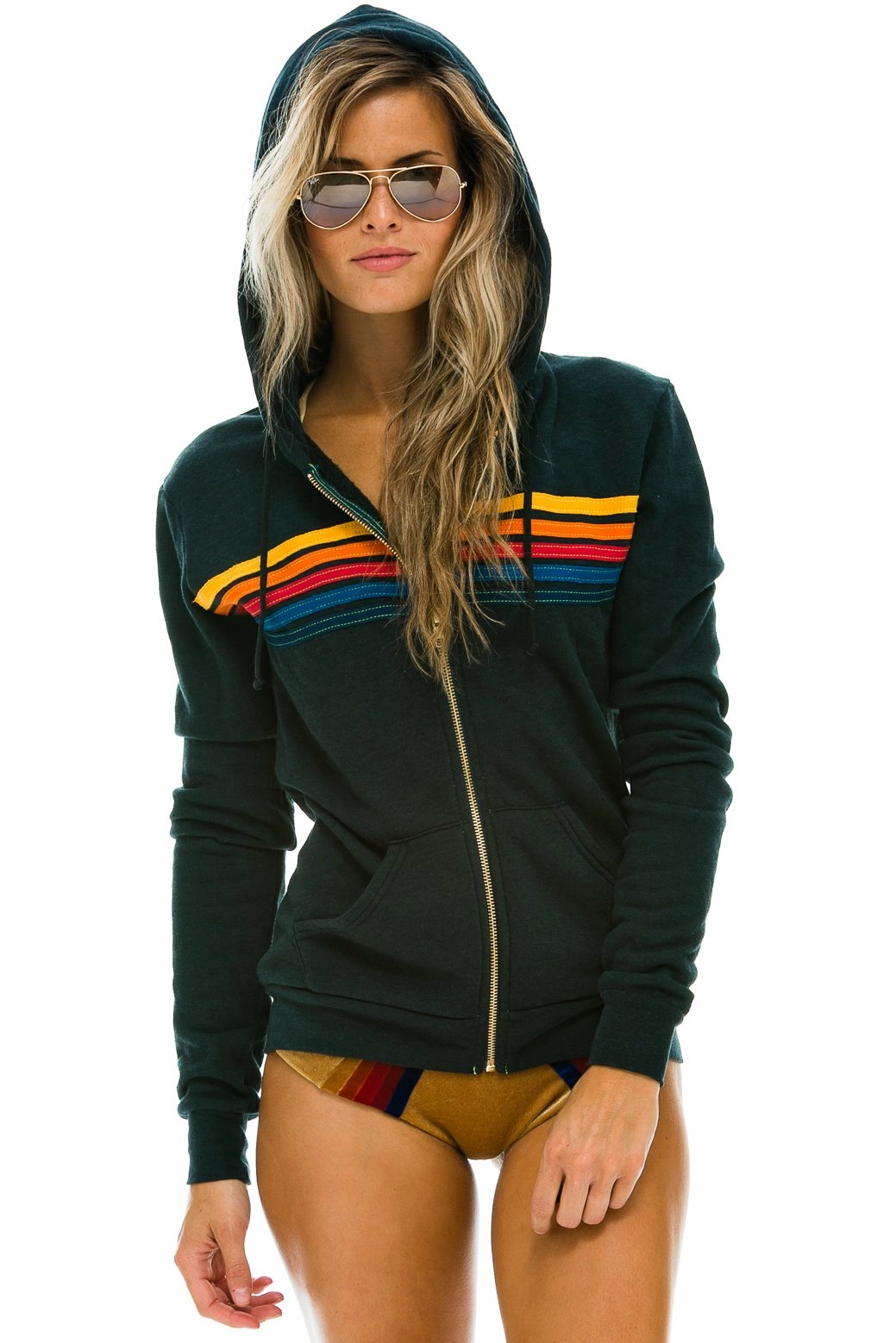 Unisex Fit Water Repellent Finish Aviator Nation 5 Stripe Hoodie in Charcoal