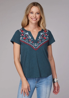 Split hem Friends Meetup Roper Womens Curved Floral Split V Blue 100% Cotton S/S T-Shirt