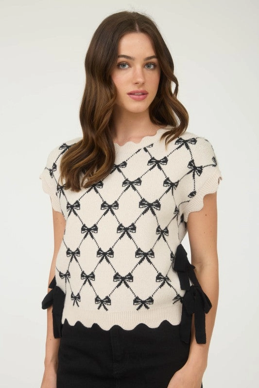 Becky Bow Pattern Short Sleeve Side Tie Knit Pullover DurableReinforcement