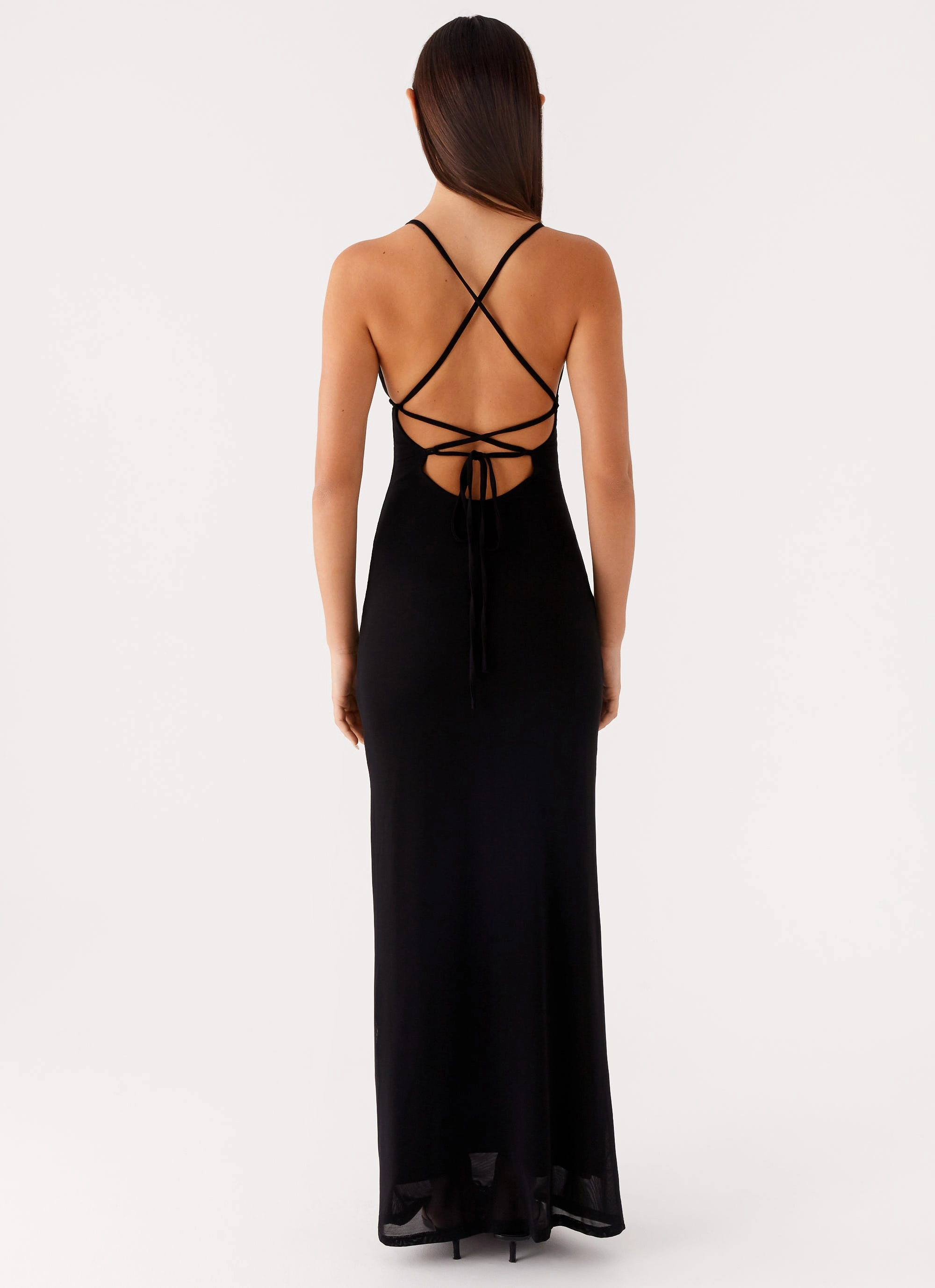 Lace Accent Satin-Finish Beki Beaded Mesh Maxi Dress - Black