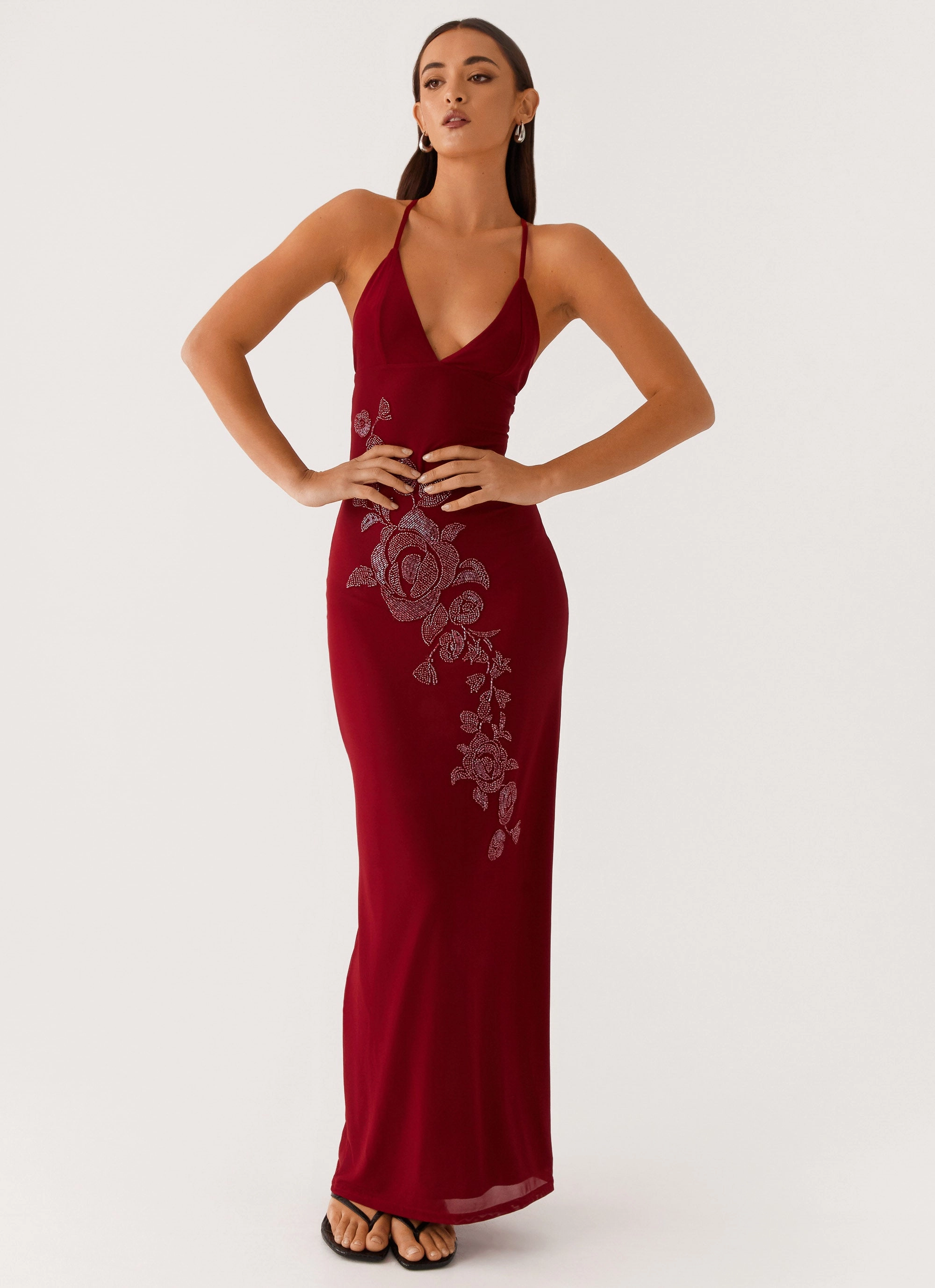 Semi Casual Beki Beaded Mesh Maxi Dress - Deep Red