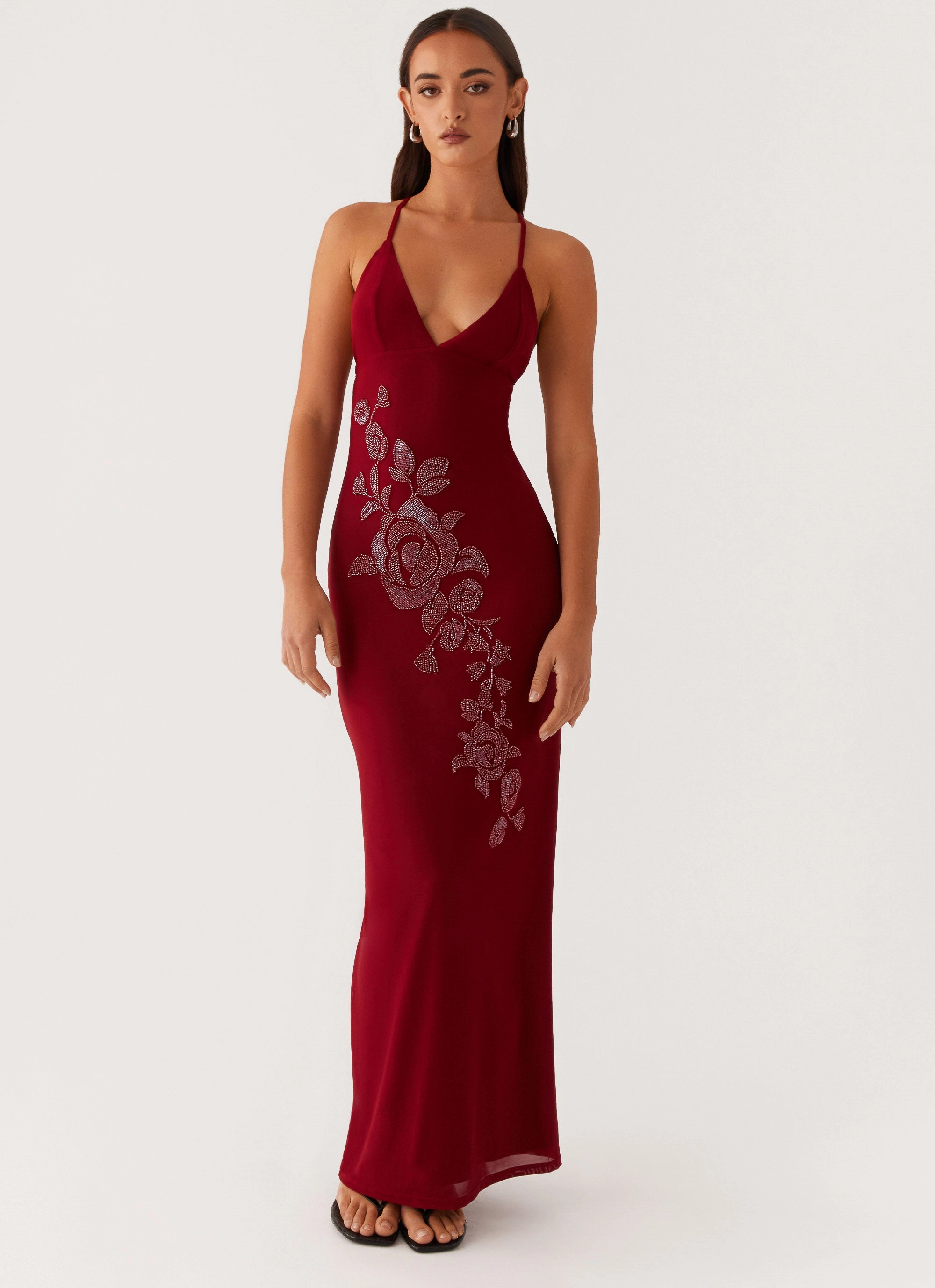 Beki Beaded Mesh Maxi Dress - Deep Red Fluid movement Fashion Look