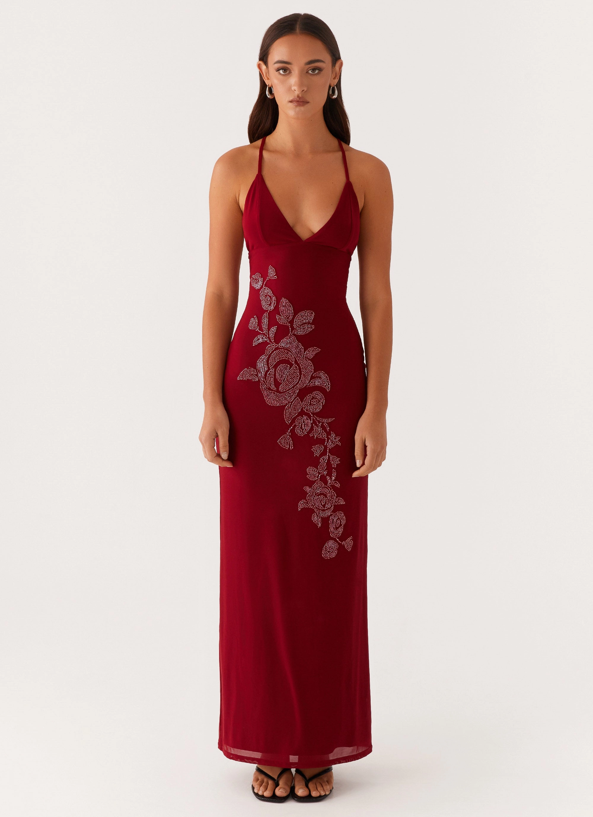Beki Beaded Mesh Maxi Dress - Deep Red All-Day Comfort Wear
