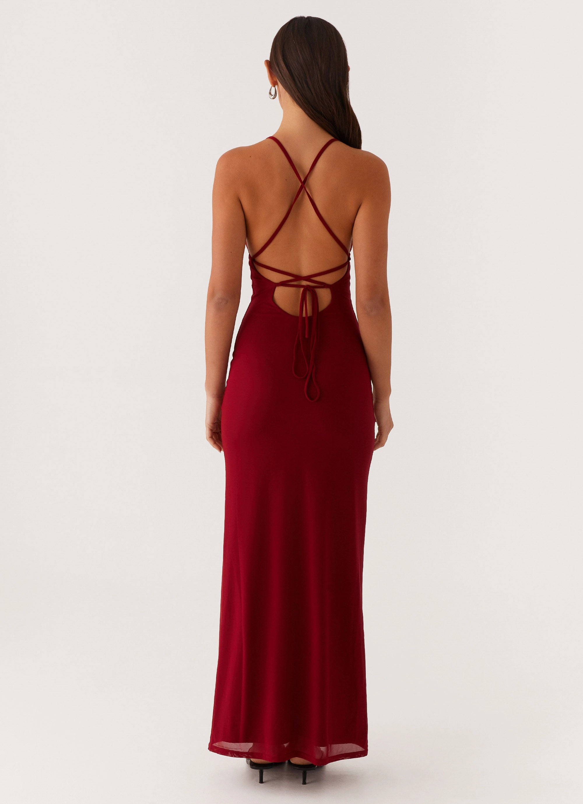 Beki Beaded Mesh Maxi Dress - Deep Red Fashion Layers Tulle-Overlay