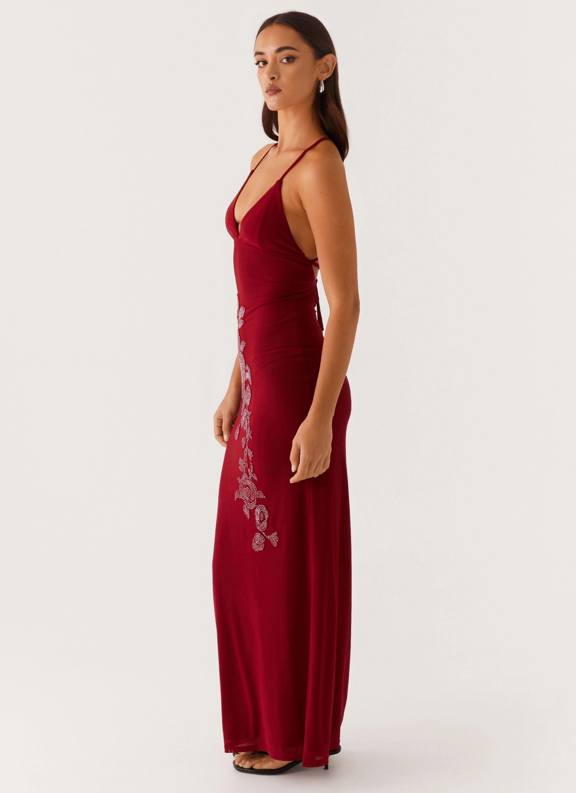 Beki Beaded Mesh Maxi Dress - Deep Red Loose Flow